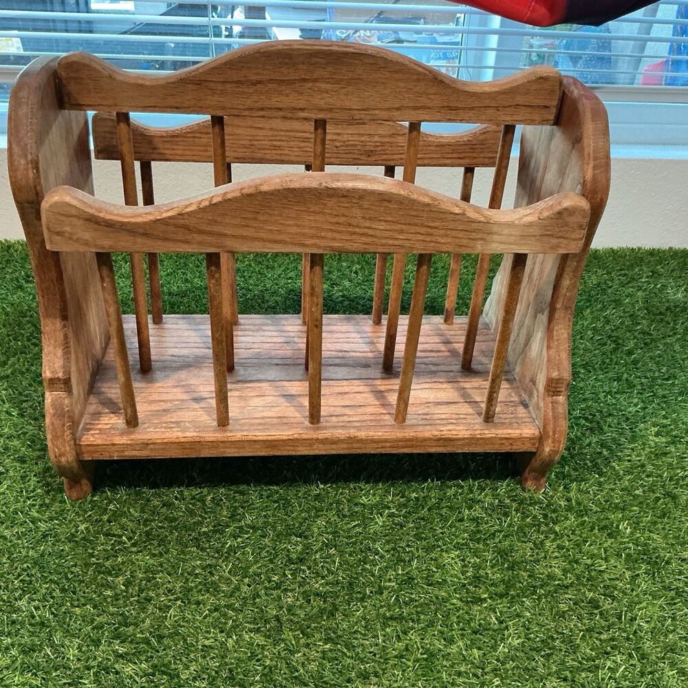 Vintage Oak Wood Magazine Rack Newspaper Holder Double Sided Organizer 16”